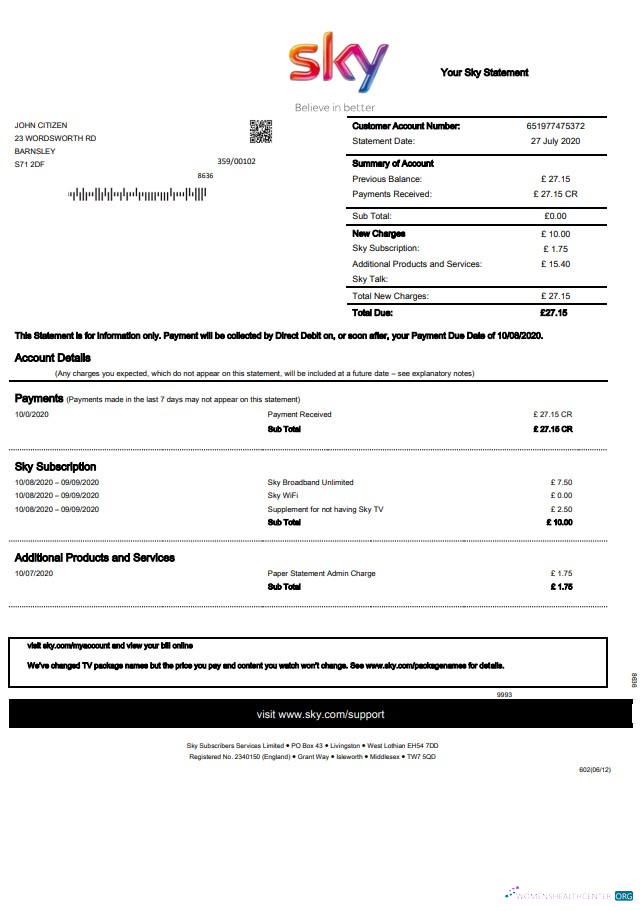 download United Kingdom Sky utility bill statement template in Word and PDF format PDF template